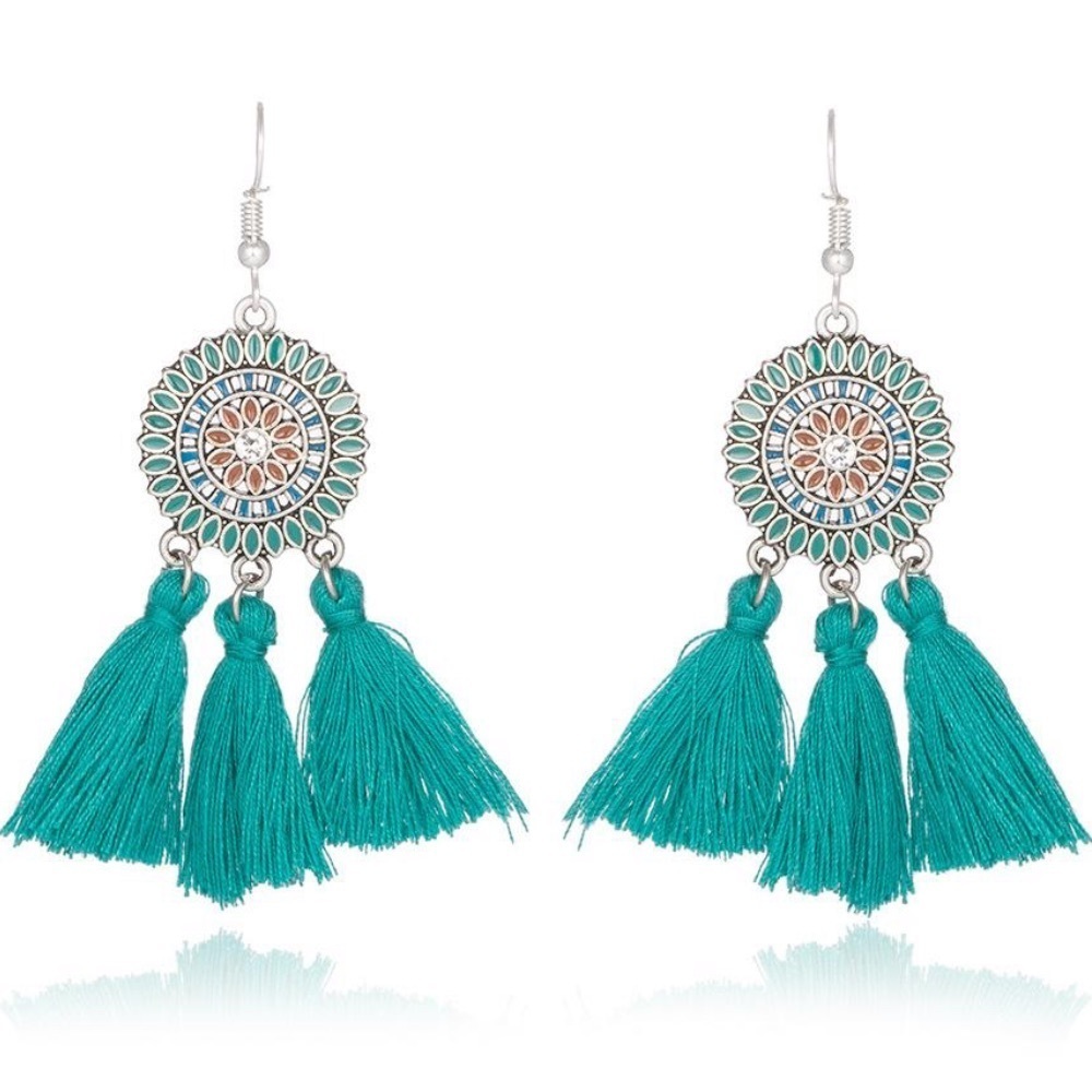 Rhinestone Sunflower Yarn Tassel Drop Earrings